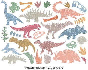 Colorful grunge dinosaur silhouette with bones, footprints, tree plants and fossils isolated set vector illustration. Dino monster stencils shapes, jurassic period predator paleontology print design