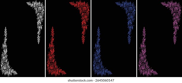 Colorful Grunge Floral Corner Ornament Set – Decorative Vintage Flower Border Vector