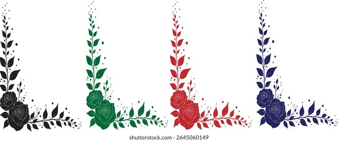 Colorful Grunge Floral Corner Ornament Set – Decorative Vintage Flower Border Vector
