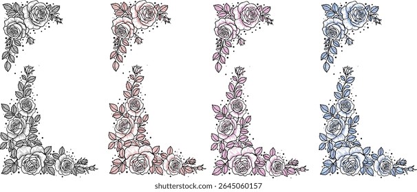 Colorful Grunge Floral Corner Ornament Set – Decorative Vintage Flower Border Vector