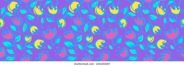 Colorful Grunge Floral Seamless Pattern. Hand Drawn Artwork Background.