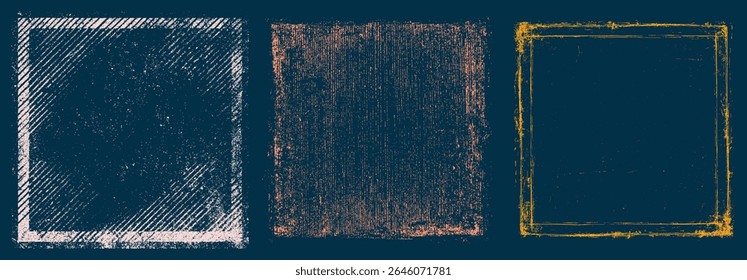 Colorful grunge frame texture set. Distressed retro square border overlays with vintage scratch design. Halftone ink edge effect for artwork.
