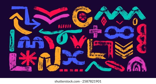 Colorful Grunge Freehand Abstract Shapes with Bold Brush Strokes. Vibrant geometric doodles on a dark purple background. Playful and modern design drawn with thick lines
