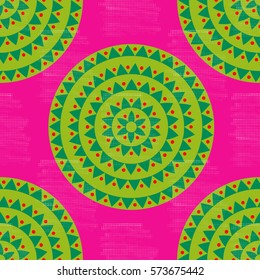 Colorful grunge halftone ethnic tribal native mandala seamless pattern. Ornamental polka dot background with floral motifs, triangles, dots. Vector illustration.