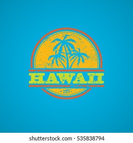 Colorful grunge Hawaii label with text and palm silhouettes