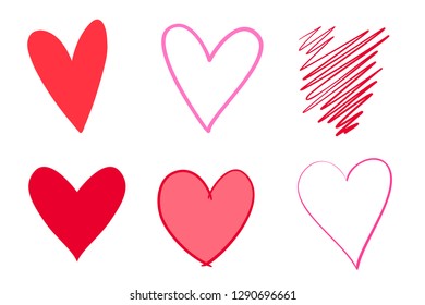 Colorful grunge hearts on isolated white background. Hand drawn set of love signs. Unique abstract image for design. Line art creation. Colored illustration. Elements for poster or flyer