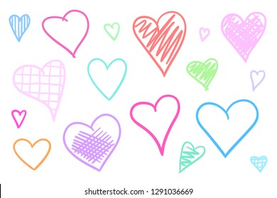 Colorful grunge hearts on isolated white background. Hand drawn set of love signs. Unique abstract image for design. Line art creation. Colored illustration. Elements for poster or flyer