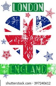 Colorful and grunge London T-shirt and apparel graphic design with "London, England" text, grunge British flag in a heart and ornamental stars on a white background - Eps10 Vector and illustration