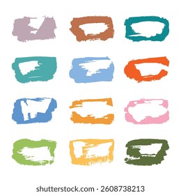 Colorful grunge paint brush frames set on white. Collection of colorful, textured paint brush strokes in various shapes, ideal for graphic design, banners, backgrounds