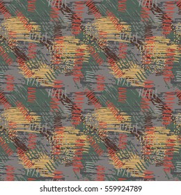 Colorful grunge seamless pattern with abstract hand drawn brush strokes and paint splashes. Messy infinity texture, modern grungy background. Vector illustration. 