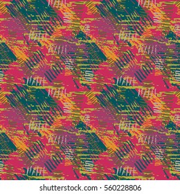 Colorful grunge seamless pattern with abstract hand drawn brush strokes and paint splashes. Messy infinity texture, modern grungy background. Vector illustration. 