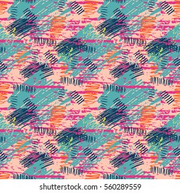 Colorful grunge seamless pattern with abstract hand drawn brush strokes and paint splashes. Messy infinity texture, modern grungy background. Vector illustration. 