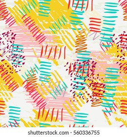 Colorful grunge seamless pattern with abstract hand drawn brush strokes and paint splashes. Messy infinity texture, modern grungy background. Vector illustration. 