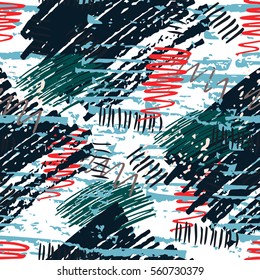 Colorful grunge seamless pattern with abstract hand drawn brush strokes and paint splashes. Messy infinity texture, modern grungy background. Vector illustration. 