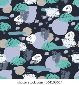 Colorful grunge seamless pattern with abstract hand drawn brush strokes and paint splashes, lines, circles, geometrical shapes. Messy infinity texture, modern grungy background. Vector illustration.