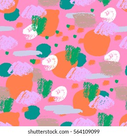 Colorful grunge seamless pattern with abstract hand drawn brush strokes and paint splashes, lines, circles, geometrical shapes. Messy infinity texture, modern grungy background. Vector illustration.