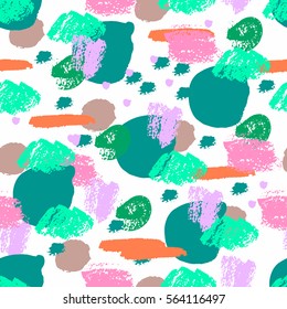 Colorful grunge seamless pattern with abstract hand drawn brush strokes and paint splashes, lines, circles, geometrical shapes. Messy infinity texture, modern grungy background. Vector illustration.
