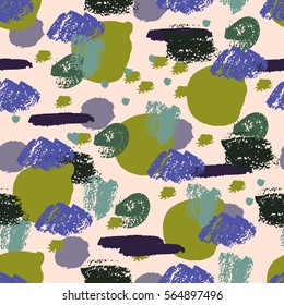 Colorful grunge seamless pattern with abstract hand drawn brush strokes and paint splashes, lines, circles, geometrical shapes. Messy infinity texture, modern grungy background. Vector illustration.