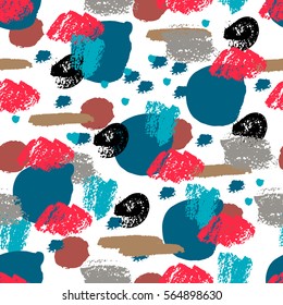 Colorful grunge seamless pattern with abstract hand drawn brush strokes and paint splashes, lines, circles, geometrical shapes. Messy infinity texture, modern grungy background. Vector illustration.