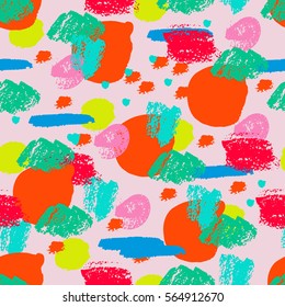 Colorful grunge seamless pattern with abstract hand drawn brush strokes and paint splashes, lines, circles, geometrical shapes. Messy infinity texture, modern grungy background. Vector illustration.
