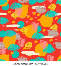 Colorful grunge seamless pattern with abstract hand drawn brush strokes and paint splashes, lines, circles, geometrical shapes. Messy infinity texture, modern grungy background. Vector illustration.