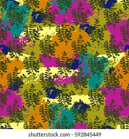 Colorful grunge seamless pattern with abstract hand drawn brush strokes and paint splashes, lines, branches. Messy infinity texture, modern grungy background. Vector illustration.