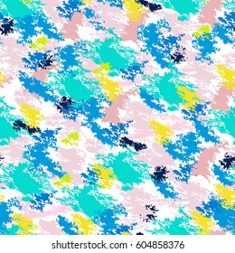 Colorful grunge seamless pattern abstract stains and paint splashes. Infinity texture, modern grungy background. Vector illustration.