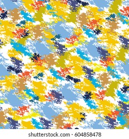 Colorful grunge seamless pattern abstract stains and paint splashes. Infinity texture, modern grungy background. Vector illustration.
