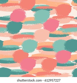 Colorful grunge seamless pattern with abstract hand drawn brush strokes and paint splashes, horizontal lines, circles, geometrical shapes. Messy infinity texture, grungy background. Vector.