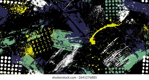 Colorful grunge seamless pattern. Collage, scribble, graffiti art background. Endless messy texture. Abstract shapes, curves, waves, splatters, dots. 