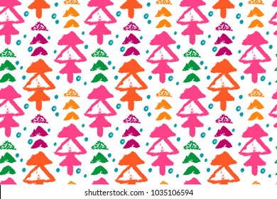 Colorful grunge seamless pattern with spruce. Christmas tree. Triangles, dots on white background. Vector illustration.