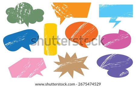 Colorful grunge speech bubble vector . Distressed speech bubble icons in various shapes and styles, perfect for comics, conversation design, and creative backgrounds.  frames, stylish, handwritten. 