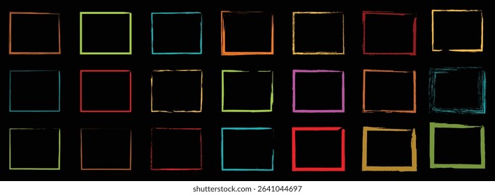 Colorful grunge square box set with hand drawn sketch outlines and fill options, perfect for modern design, playful layouts, and digital artwork.

