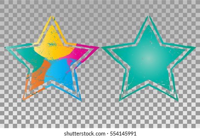 Colorful Grunge Star Design Elements . Brush strokes, Ink spots, stains , Stamps Collection. Banners,transparent background . vector distress textures.isolated blank shapes