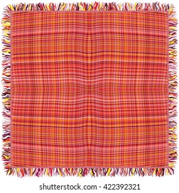 Colorful grunge striped and checkered weave tablecloth with fringe isolated on white