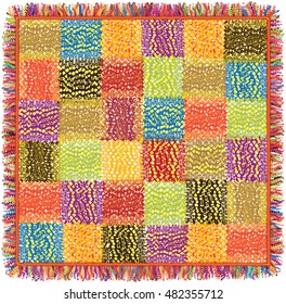 Colorful grunge striped patchwork motley carpet with fringe