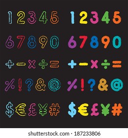 colorful grunge style number and symbol fonts. vector.