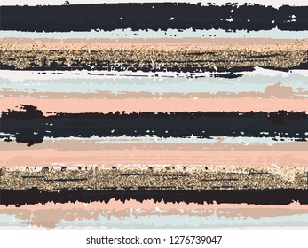 Colorful grunge texture brush stroke stripes with gold glitter sparkles vector seamless pattern background. Golden sparkles glittering shiny confetti over ink lines pattern. Watercolor print.