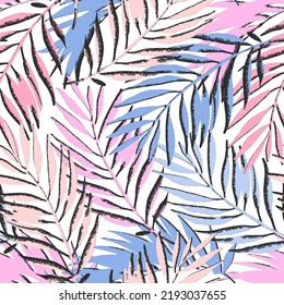 Colorful grunge textured palm leaves seamless pattern. Abstract tropical jungle background. Vector summer tropics illustration for surface pattern design, swimwear, prints, cover, home deco wallpaper