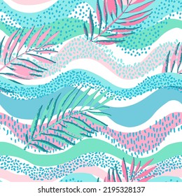 Colorful grunge textured palm leaves on wavy seamless pattern. Abstract tropical leaf on sea wave background. Vector summer tropics illustration for surface design, prints, cover, home deco wallpaper