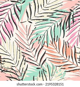 Colorful grunge textured palm leaves seamless pattern. Abstract tropical jungle background. Vector summer tropics illustration for surface pattern design, swimwear, prints, cover, home deco wallpaper