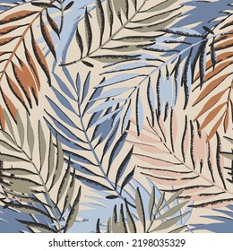 Colorful grunge textured palm leaves seamless pattern. Abstract tropical jungle background. Vector summer tropics illustration for surface pattern design, swimwear, prints, cover, home deco wallpaper