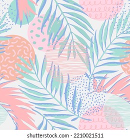 Colorful grunge textured palm leaves, textured circle seamless pattern. Abstract tropical leaf on geometric background. Vector summer tropics illustration for prints design, cover, home deco wallpaper