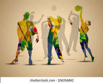 Colorful grungy illustration of football soccer player, basketball player  and golf player on  brown background.