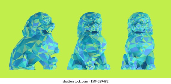 Colorful Guardian Lion. Set of Playful Vibrant Chinese Lions on Isolated Background. Low Poly Vector 3D Rendering