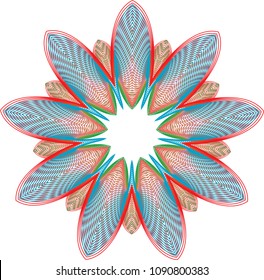 Colorful guilloche starburst rosette with layered colors of red, light blue, green and orange with moire effect.