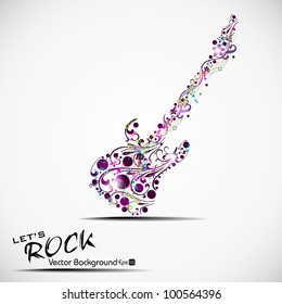 Colorful guitar decorated with floral and musical notes with copy space isolated on white background, EPS 10. can be use as flyer, banner or posters for musical events.