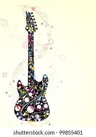 Colorful guitar decorated with floral and musical notes on abstract, wave background, EPS 10. can be use as flyer, banner or posters for musical events.