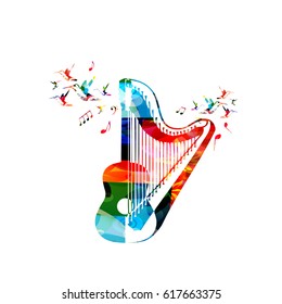 Colorful guitar with harp and hummingbirds isolated vector illustration. Music instrument background for poster, brochure, banner, flyer, concert, music festival