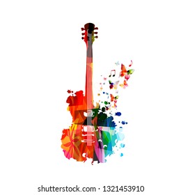 Colorful guitar with music notes isolated vector illustration design. Music background. Music instrument poster with music notes, festival poster, live concert events, party flyer